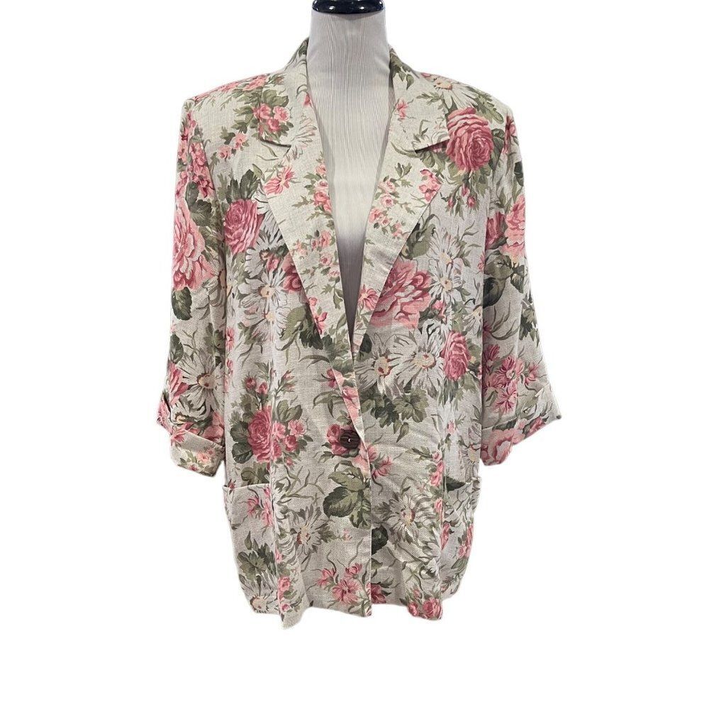 Vintage Joanna Flax Floral Oversized Blazer Shoulder Pads Size Large
